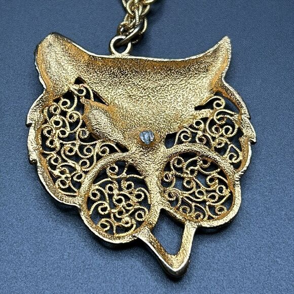 VTG Winking One Green Eyed Cat Pendant Gold Rope Chain Necklace - Picture 3 of 11